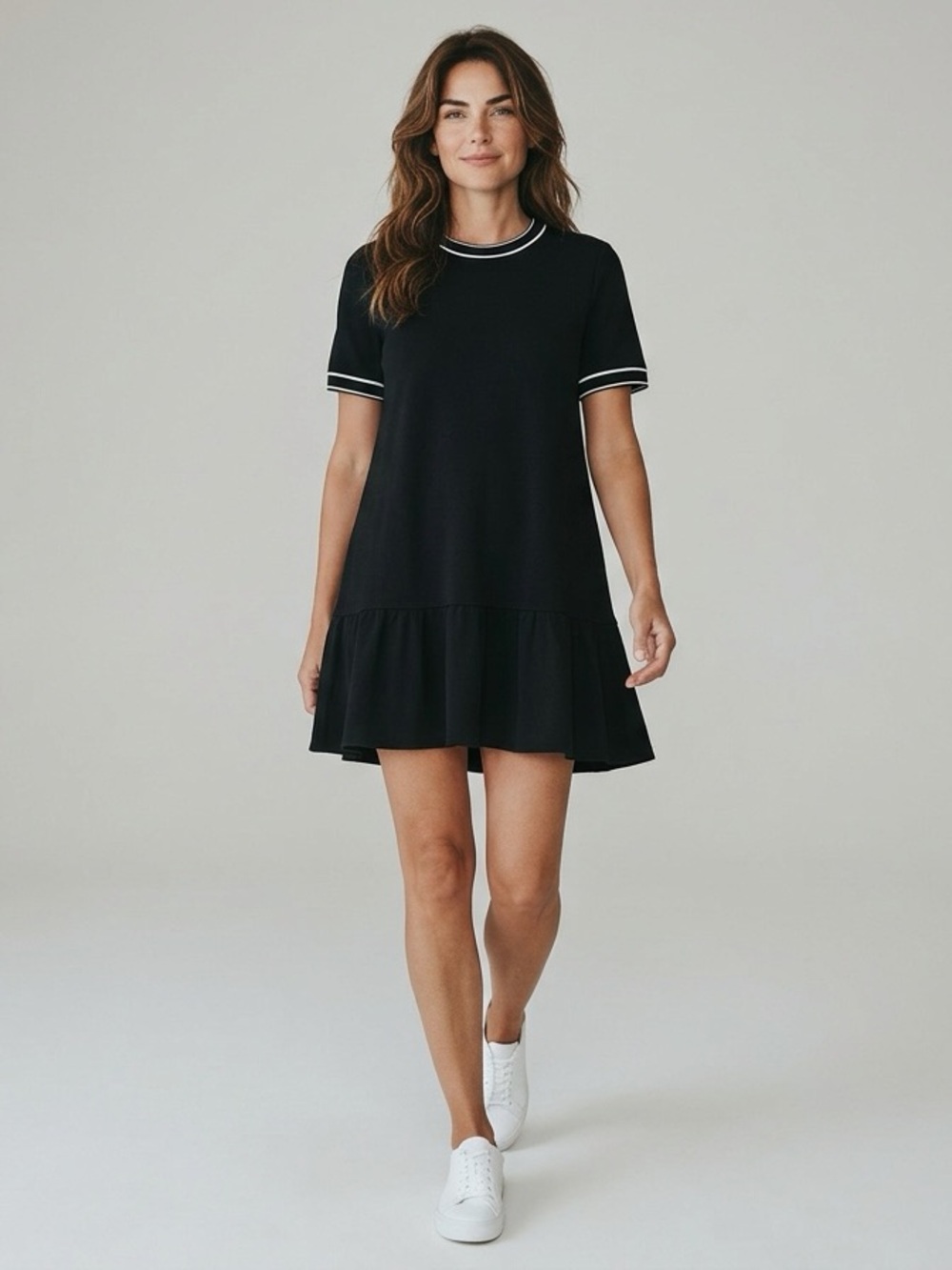 Rag & Bone Black “Thatch” Crewneck Short Sleeve Dress with White Details
